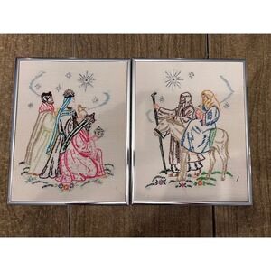 Vintage Needlepoint‎ Completed Framed Three Wise Men + Holy Family Artwork MCM